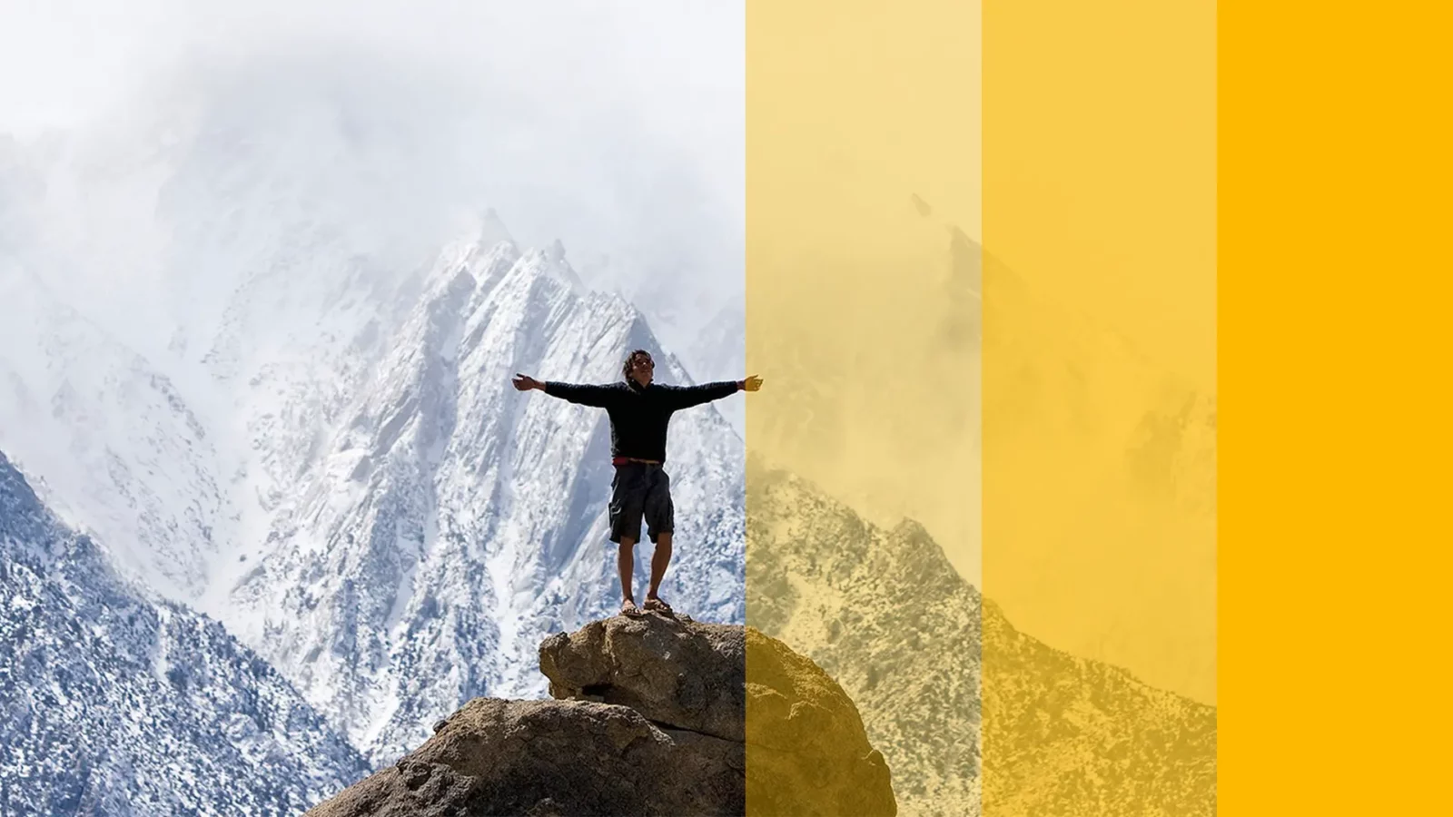 Person standing on a rock with arms outstretched in front of snow-covered mountains, shown in four vertical sections with varying yellow filters.